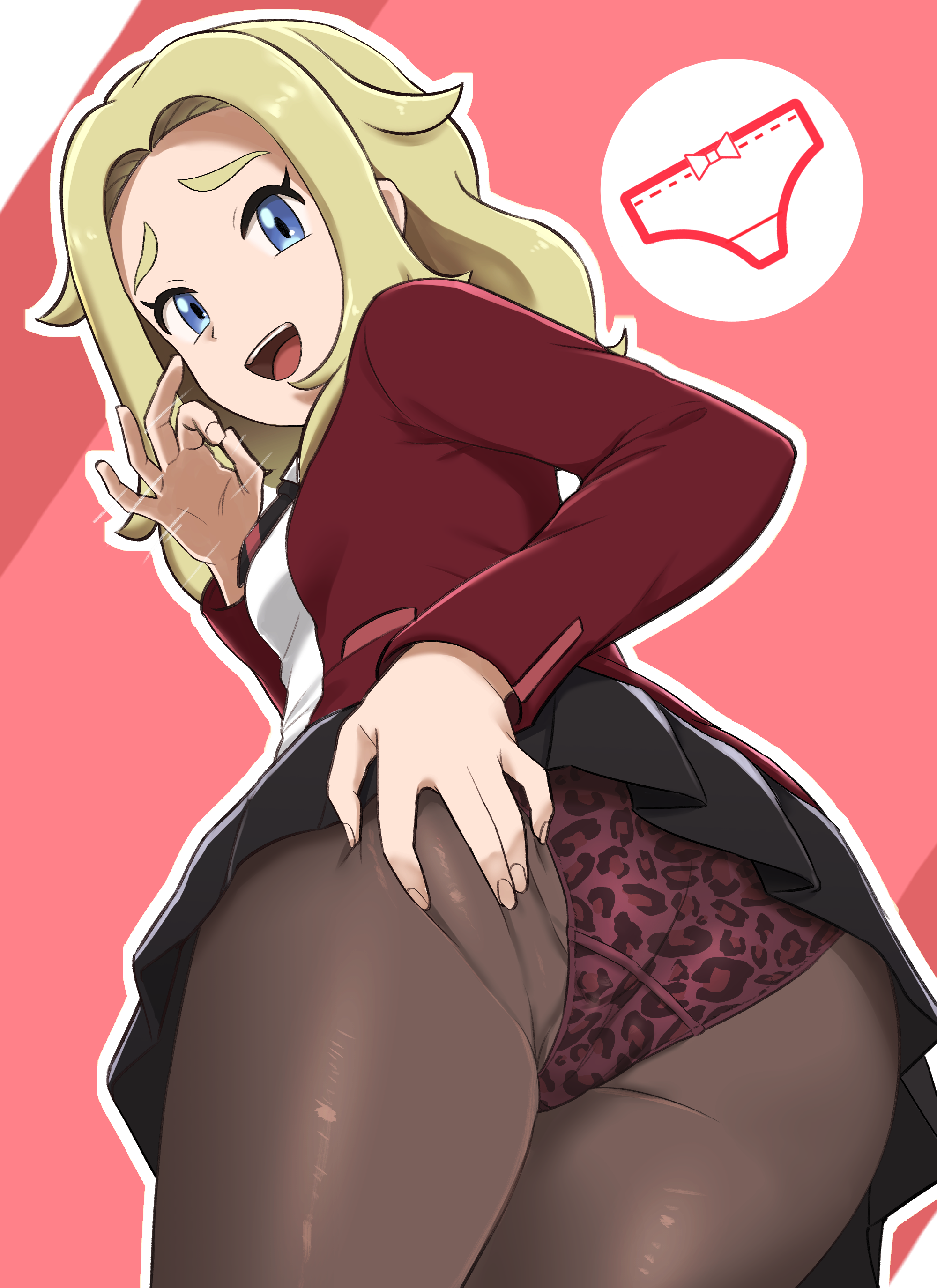 i b (yaun2242), lass (pokemon), lass (pokemon swsh), nintendo, pokemon, pokemon swsh, absurdres, highres, 1girl, ass, black pantyhose, blonde hair, blue eyes, blush, fellatio gesture, jacket, long hair, long sleeves, looking at viewer, miniskirt, necktie, open mouth, panties, panties over pantyhose, pantyhose, pleated skirt, school uniform, shirt, short necktie, skirt, smile, solo, underwear, white shirt