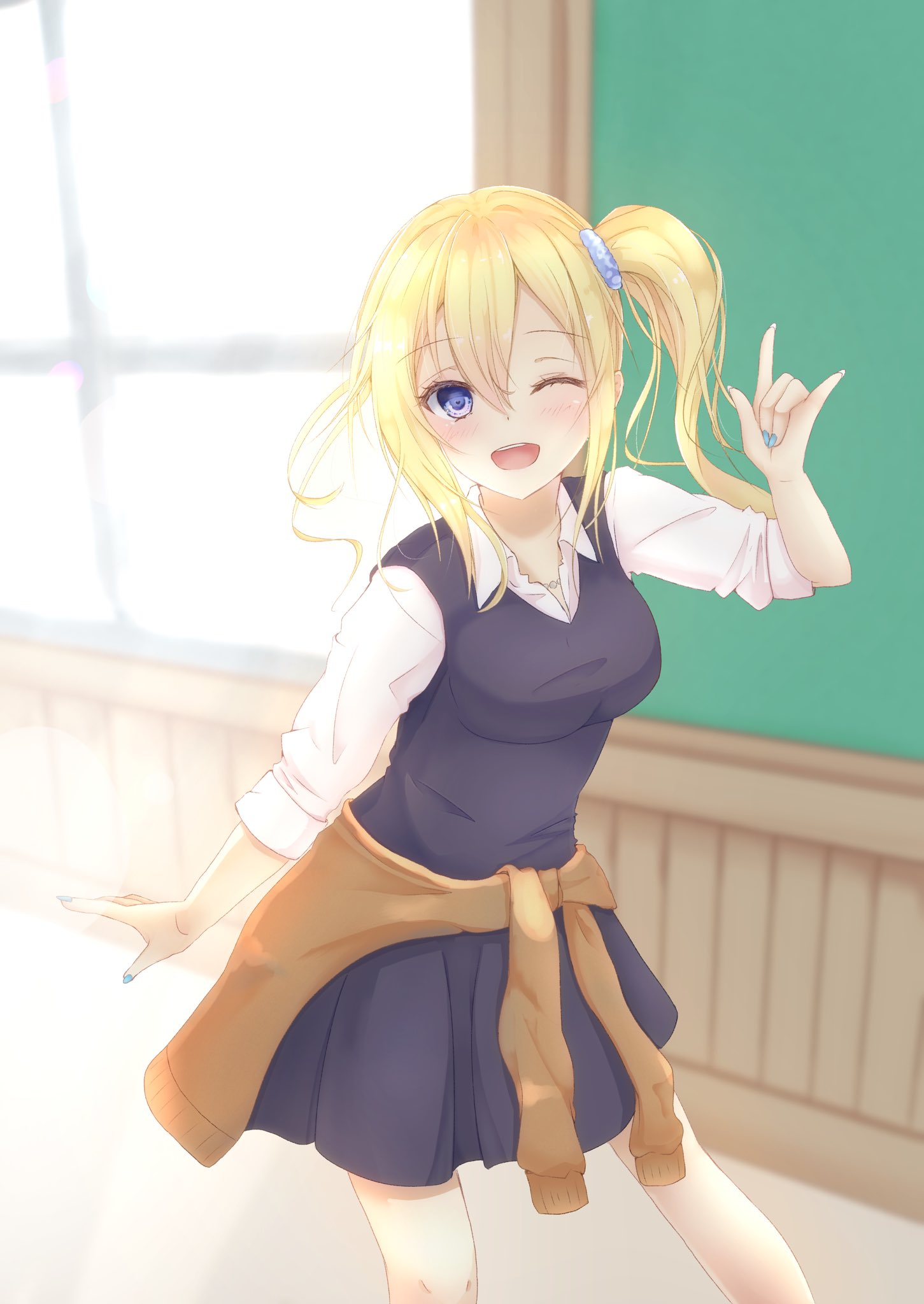 all justice, hayasaka ai, kaguya-sama wa kokurasetai ~tensai-tachi no renai zunousen~, commentary request, highres, 1girl, ;d, m/, arm at side, backlighting, blonde hair, blue eyes, blue nails, blush, breasts, cardigan, cardigan around waist, clothes around waist, collared shirt, cowboy shot, day, dress, eyelashes, hand up, happy, indoors, large breasts, long hair, long sleeves, looking at viewer, nail polish, one eye closed, open mouth, pinafore dress, school uniform, shirt, shuuchiin academy school uniform, side ponytail, sidelocks, sleeveless, sleeveless dress, sleeves rolled up, smile, solo, white shirt, window