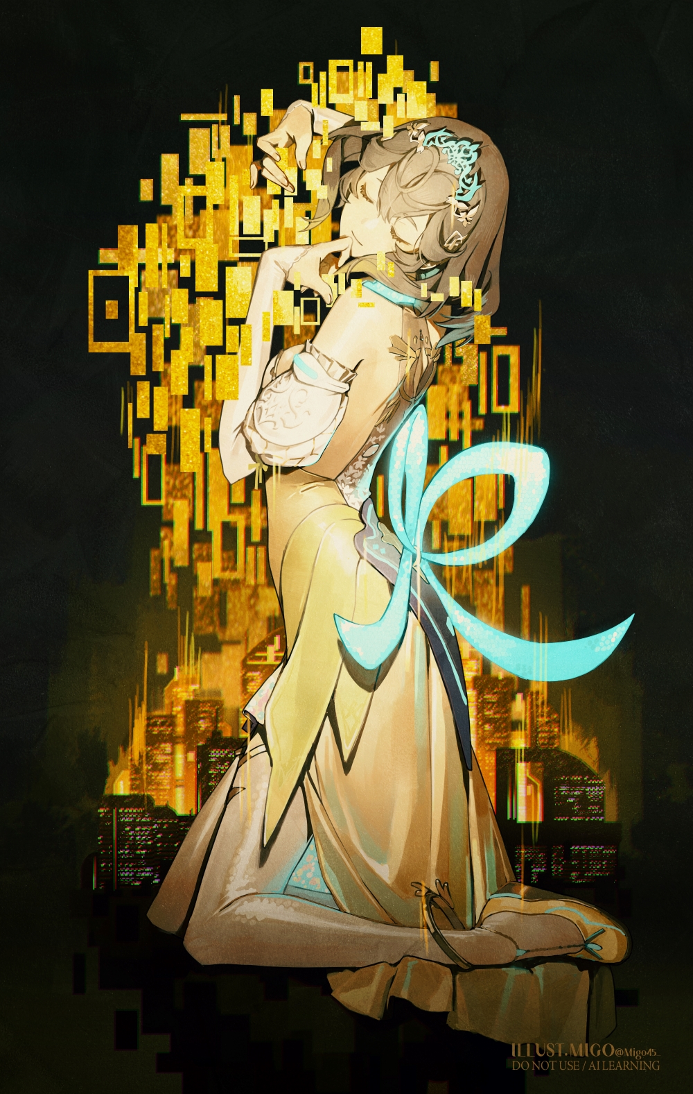 migo45, sphene (ff14), final fantasy, final fantasy xiv, the kiss, highres, 1girl, abstract, anklet, artist name, bare shoulders, black background, brown hair, closed eyes, detached sleeves, dress, fine art parody, from side, full body, glitch, jewelry, kneeling, parody, shoes, short hair, skyline, solo, tiara, watermark, yellow dress, yellow shoes