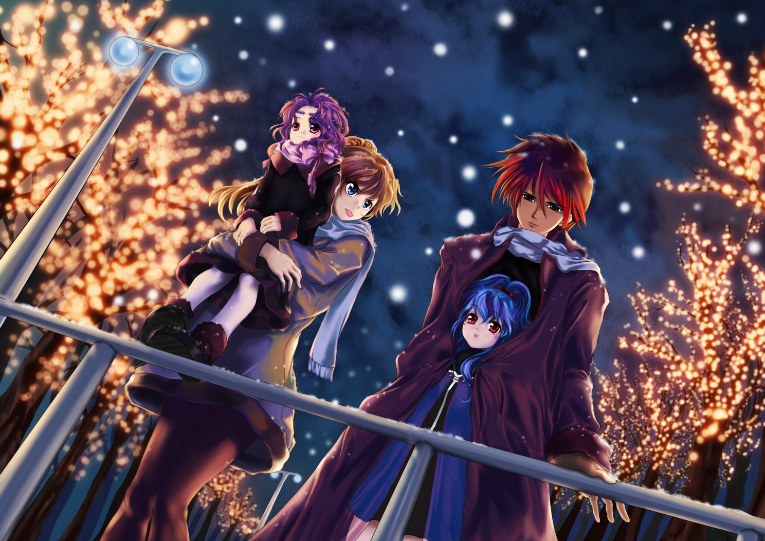 st.microscope, alfimi, excellen browning, kyosuke nanbu, kyousuke nanbu, lemon browning, nanbu kyosuke, banpresto, super robot wars, spoilers, 1boy, 3girls, :p, blue eyes, carrying, coat, multiple girls, night, outdoors, pantyhose, scarf, shared clothes, shared coat, snow, thighhighs, tongue, tongue out, tree, trench coat, winter