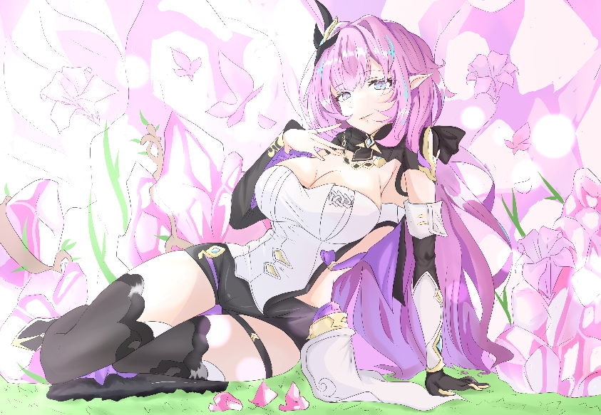 akufudazi, elysia (honkai impact), elysia (miss pink elf) (honkai impact), honkai (series), honkai impact 3rd, commentary request, 1girl, black boots, black gloves, black shorts, blue eyes, boots, breasts, cleavage, corset, elf, flower, gloves, hair ornament, large breasts, long hair, looking at viewer, micro shorts, pink flower, pink hair, pointy ears, shorts, shrug (clothing), single glove, solo, thighs, very long hair, white corset