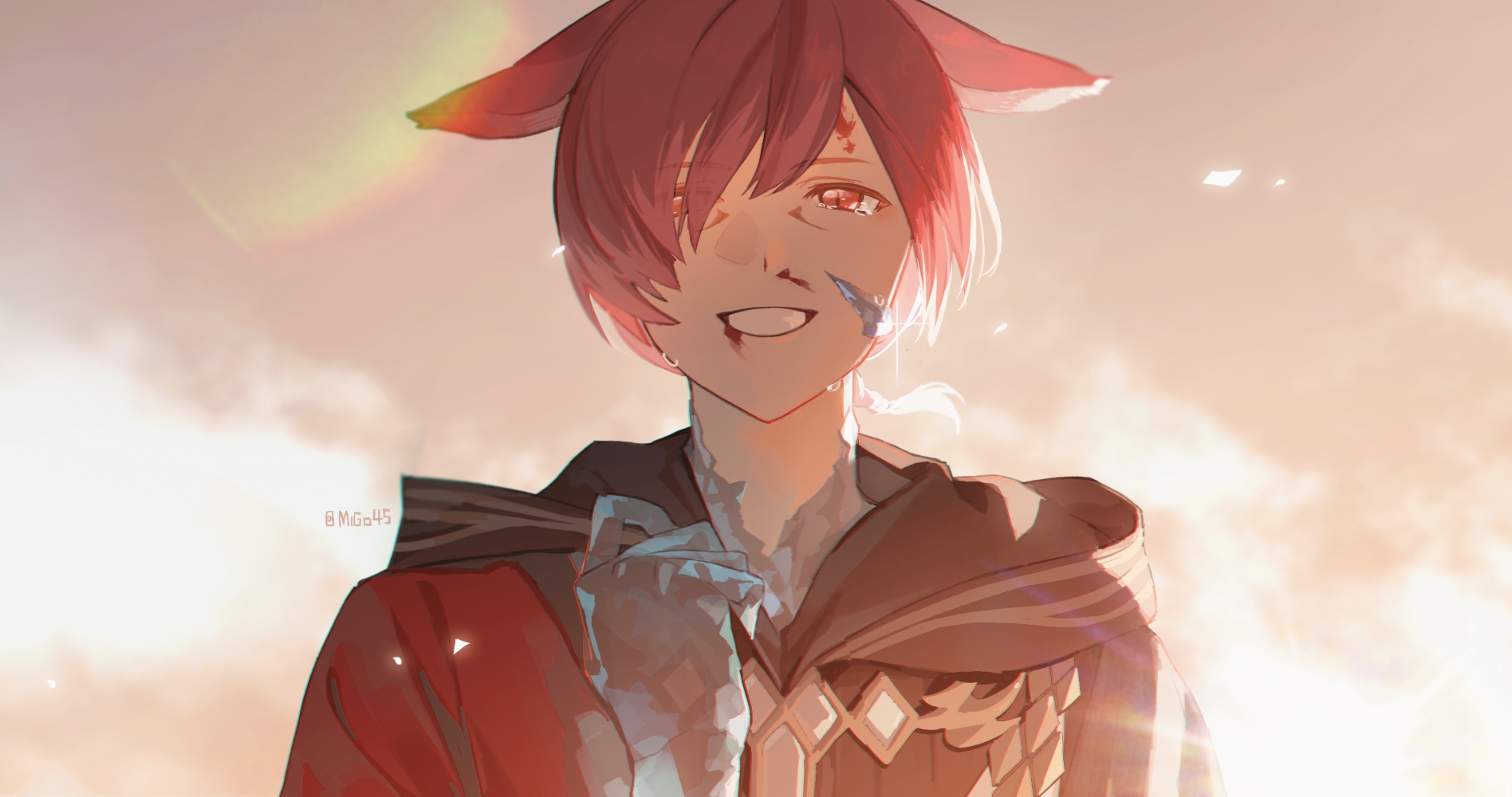 migo45, crystal exarch, g'raha tia, final fantasy, final fantasy xiv, highres, 1boy, animal ears, blood, blood on face, cat boy, cat ears, cloud, crystallization, glint, hair over one eye, hand up, happy tears, hood, hood down, looking at viewer, male focus, material growth, miqo'te, orange sky, outdoors, portrait, red eyes, red hair, short hair, sky, slit pupils, solo, tearing up, tears