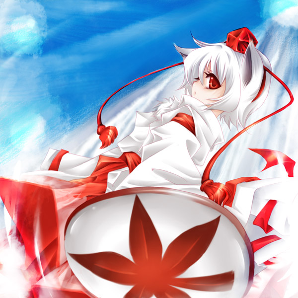 aoi mitsuru, inubashiri momiji, touhou, silver hair, 1girl, animal ears, blue sky, female focus, from below, from side, hat, leaf print, light rays, looking at viewer, looking down, looking to the side, profile, red eyes, shield, short hair, sky, solo, sunlight, tassel, tokin hat, wolf ears