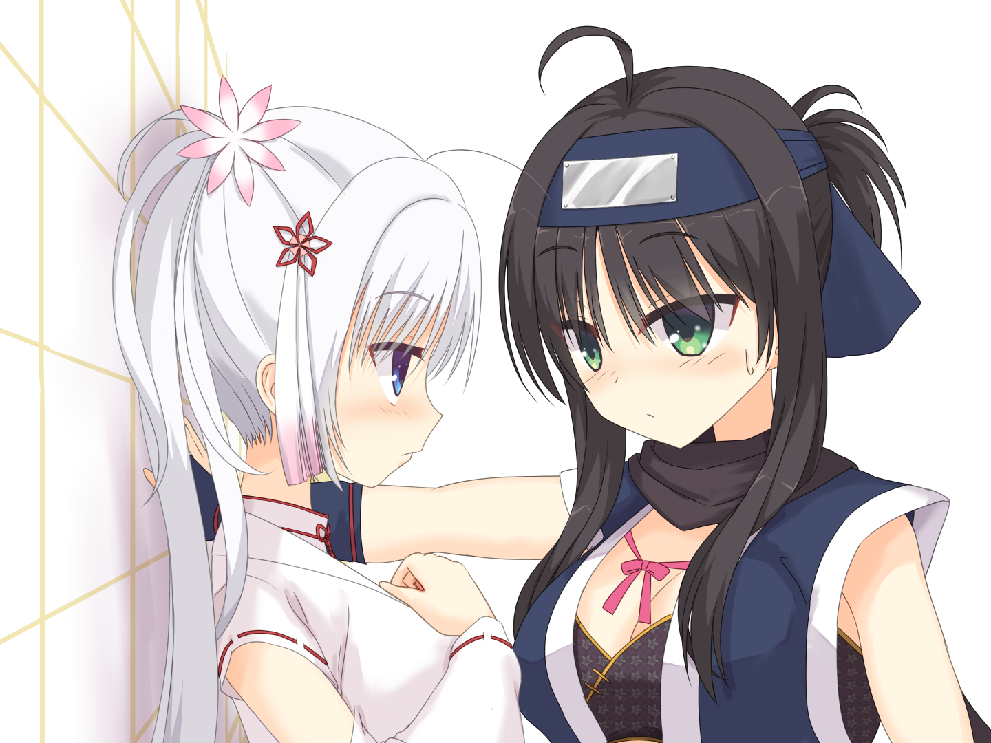 shirayamakoma, hitachi mako, tomotake yoshino, senren banka, commentary request, 2girls, :/, ahoge, awkward, black hair, black scarf, blue eyes, blue kimono, blush, breasts, cleavage, closed mouth, detached collar, eye contact, eyes visible through hair, flower, forehead protector, from side, frown, hair between eyes, hair flower, hair ornament, hand up, japanese clothes, kabedon, kimono, large breasts, long hair, looking at another, multiple girls, ninja, nontraditional miko, pink flower, ponytail, profile, ribbon-trimmed sleeves, ribbon trim, scarf, short hair with long locks, short ponytail, shy, sidelocks, simple background, sweatdrop, tile wall, tiles, twintails, upper body, upturned eyes, white background, white hair, white kimono, wide sleeves, yuri