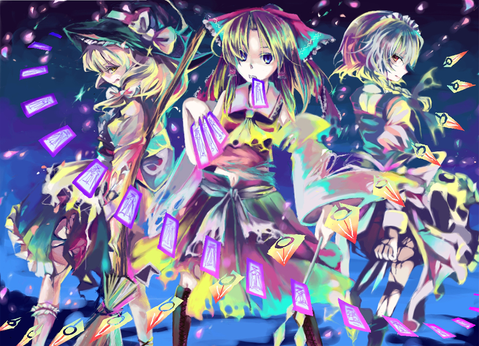 cis (carcharias), tadano kagekichi, hakurei reimu, izayoi sakuya, kirisame marisa, louise francoise le blanc de la valliere, touhou, artist collaboration, 3girls, apron, ascot, between fingers, blue eyes, bow, braid, broom, colorful, danmaku, detached sleeves, female focus, floating, floating hair, full body, gohei, grey hair, hair bow, hat, holding, kneehighs, long hair, maid, maid apron, maid headdress, mouth hold, multiple girls, night, ofuda, ofuda between fingers, petals, profile, red eyes, serious, sky, socks, torn clothes, witch hat, yellow eyes