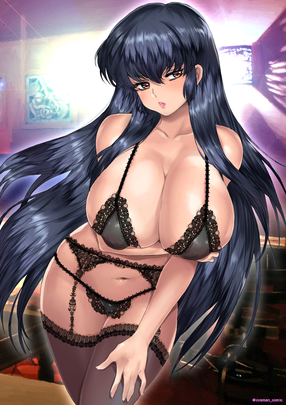 oyaman, sakura (urusei yatsura), urusei yatsura, 80s, black bra, black hair, black lingerie, black panties, black pantyhose, blush, blushing female, bra, breast focus, breasts, brown eyes, coffee table, huge breasts, imminent penetration, indoors, large breasts, leggings, lingerie, lipstick, long hair, looking at viewer, makeup, oldschool, panties, pantyhose, pink lips, pussy visible through panties, retro artstyle, see-through clothes, table, underwear, wooden floor, wooden table