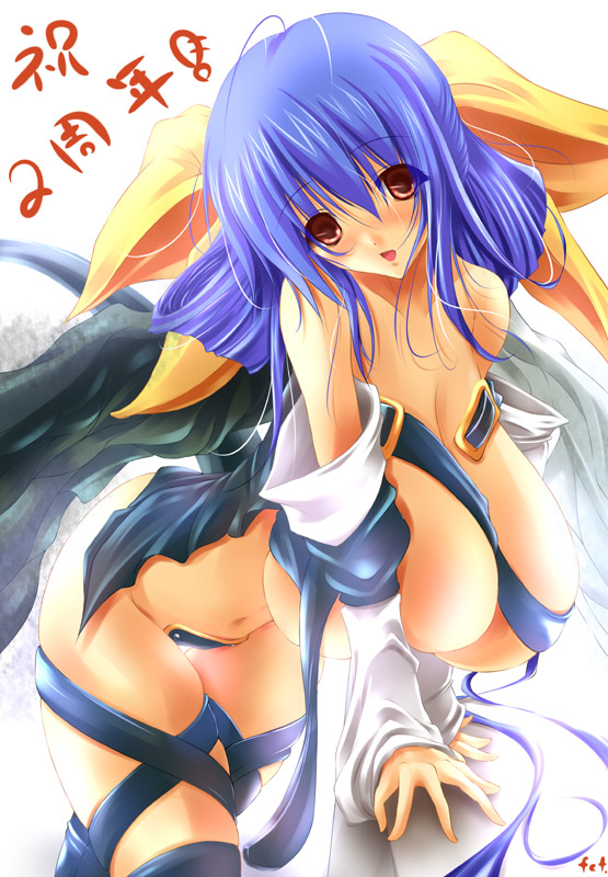 fct, sara da pranzo, sdp, dizzy (guilty gear), arc system works, guilty gear, 1girl, asymmetrical wings, blue hair, breasts, female focus, huge breasts, large breasts, red eyes, solo, tail, thighhighs, wings