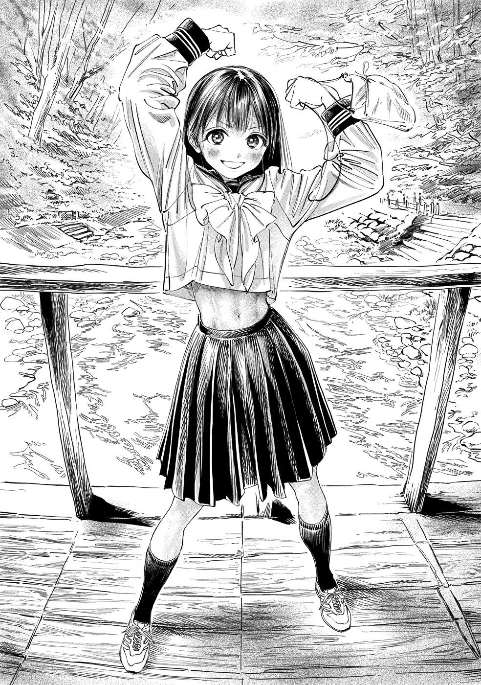 hiro (dismaless), akebi komichi, akebi-chan no serafuku, highres, official art, 1girl, abs, arms up, blunt bangs, blush, bow, camisole, dot nose, female focus, flat chest, full body, holding camisole, long hair, long sleeves, looking at viewer, manga illustration, manga page, midriff, monochrome, navel, open mouth, pleated skirt, roubai academy school uniform (old), school uniform, serafuku, shoes, simple background, skirt, smile, socks, solo, solo focus, stomach, sweat, sweatdrop, white background