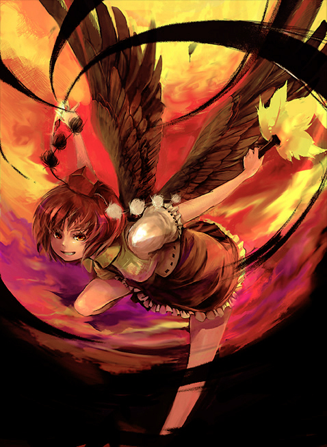 cis (carcharias), shameimaru aya, touhou, 1girl, black wings, female focus, looking at viewer, solo, sunset, wings