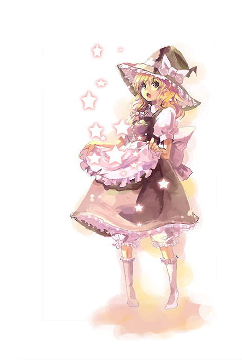 cis (carcharias), kirisame marisa, touhou, 1girl, blonde hair, dress, female focus, full body, hat, ribbon, solo, star (symbol), white background, witch, witch hat