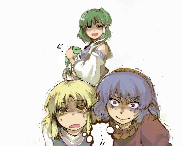 cis (carcharias), kochiya sanae, moriya suwako, yasaka kanako, touhou, eyebrows, !, !!, …, 3girls, :d, animal, blonde hair, detached sleeves, female focus, frills, frog, hair tubes, hairband, holding, holding animal, holding snake, looking at another, multiple girls, one side up, open mouth, parted bangs, puffy sleeves, purple hair, red eyes, rope, scared, shaded face, short hair, simple background, smile, snake, speech bubble, sweat, tears, thought bubble, trembling, white background, yellow eyes