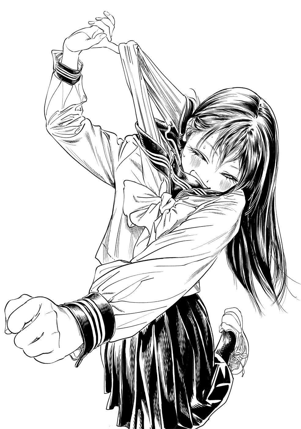hiro (dismaless), akebi komichi, akebi-chan no serafuku, highres, official art, 1girl, blunt bangs, blush, bow, camisole, camisole pull, clothes pull, dot nose, female focus, flat chest, long hair, long sleeves, manga illustration, manga page, monochrome, open mouth, pleated skirt, roubai academy school uniform (old), school uniform, serafuku, shoes, simple background, skirt, smile, socks, solo, solo focus, sweat, sweatdrop, white background