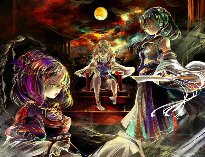 cis (carcharias), kochiya sanae, moriya suwako, yasaka kanako, touhou, 3girls, colorful, female focus, moon, multiple girls, rope, shimenawa