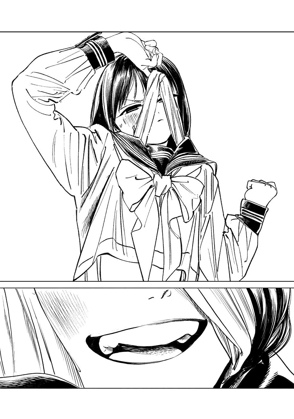 hiro (dismaless), akebi komichi, akebi-chan no serafuku, highres, official art, 1girl, blunt bangs, blush, bow, camisole, camisole pull, closed mouth, clothes pull, dot nose, female focus, flat chest, long hair, long sleeves, manga illustration, manga page, monochrome, open mouth, pleated skirt, roubai academy school uniform (old), school uniform, serafuku, simple background, skirt, smile, solo, solo focus, stomach, sweat, sweatdrop, teeth, tongue, upper teeth only, white background