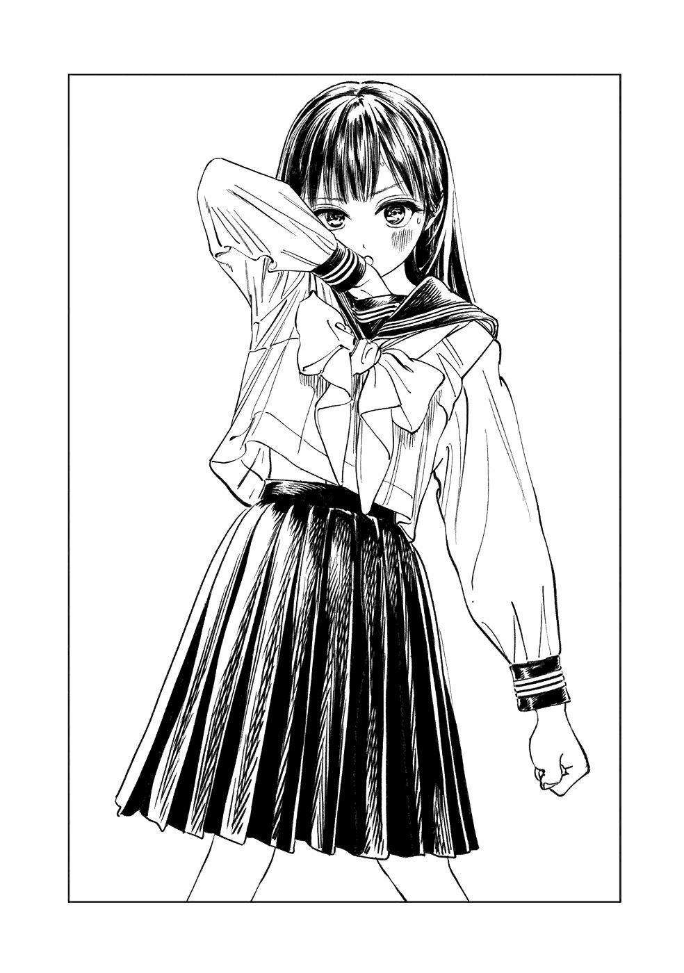 hiro (dismaless), akebi komichi, akebi-chan no serafuku, highres, official art, 1girl, blunt bangs, blush, bow, dot nose, female focus, flat chest, long hair, long sleeves, looking at viewer, manga illustration, manga page, monochrome, open mouth, pleated skirt, roubai academy school uniform (old), school uniform, serafuku, simple background, skirt, solo, solo focus, stomach, sweat, sweatdrop, white background