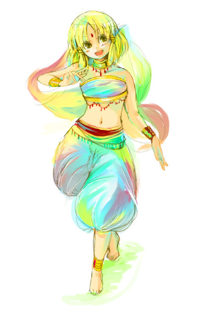 cis (carcharias), moriya suwako, touhou, 1girl, alternate costume, anklet, arabian clothes, barefoot, bracelet, dancer, female focus, harem pants, jewelry, midriff, navel, pants, solo