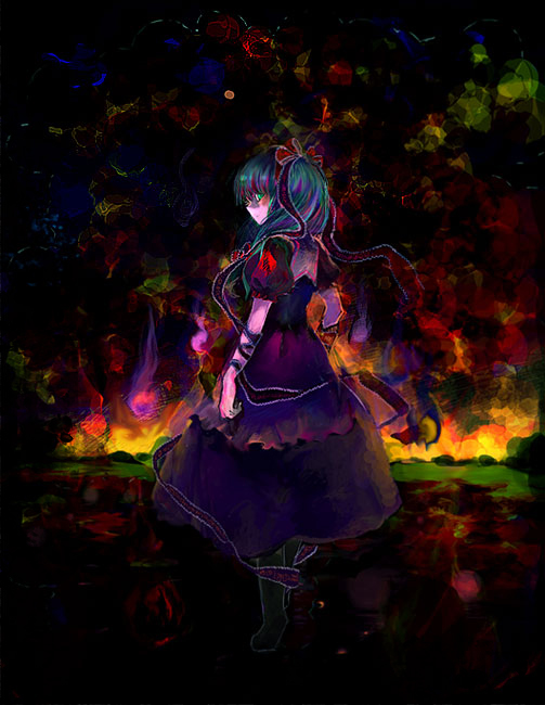 cis (carcharias), kagiyama hina, touhou, 1girl, boots, dark, female focus, from behind, front ponytail, full body, green eyes, green hair, hair ribbon, long hair, looking at viewer, matching hair/eyes, puffy short sleeves, puffy sleeves, red ribbon, red skirt, ribbon, short sleeves, skirt, solo, standing