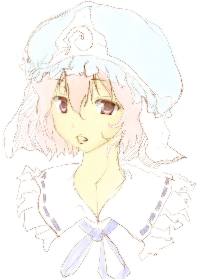 saigyouji yuyuko, touhou, 1girl, female focus, hair between eyes, hat, looking at viewer, mob cap, open mouth, pink eyes, pink hair, portrait, ribbon trim, short hair, simple background, solo, triangular headpiece, white background