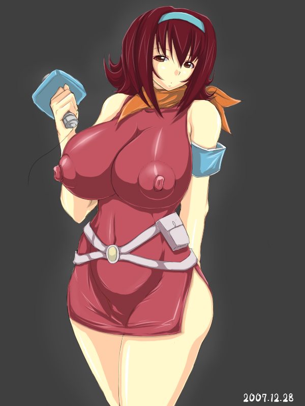 breasts, brown eyes, brown hair, headband, large breasts, microphone, nipples, scarf
