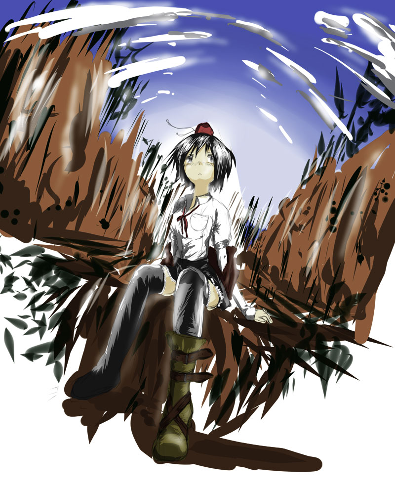 yae (mono110), shameimaru aya, touhou, 1girl, belt, black hair, black skirt, black thighhighs, blue sky, boots, female focus, hat, long sleeves, looking at viewer, looking up, outdoors, shirt, short hair, single boot, sitting, sketch, skirt, sky, solo, thighhighs, tokin hat, white shirt