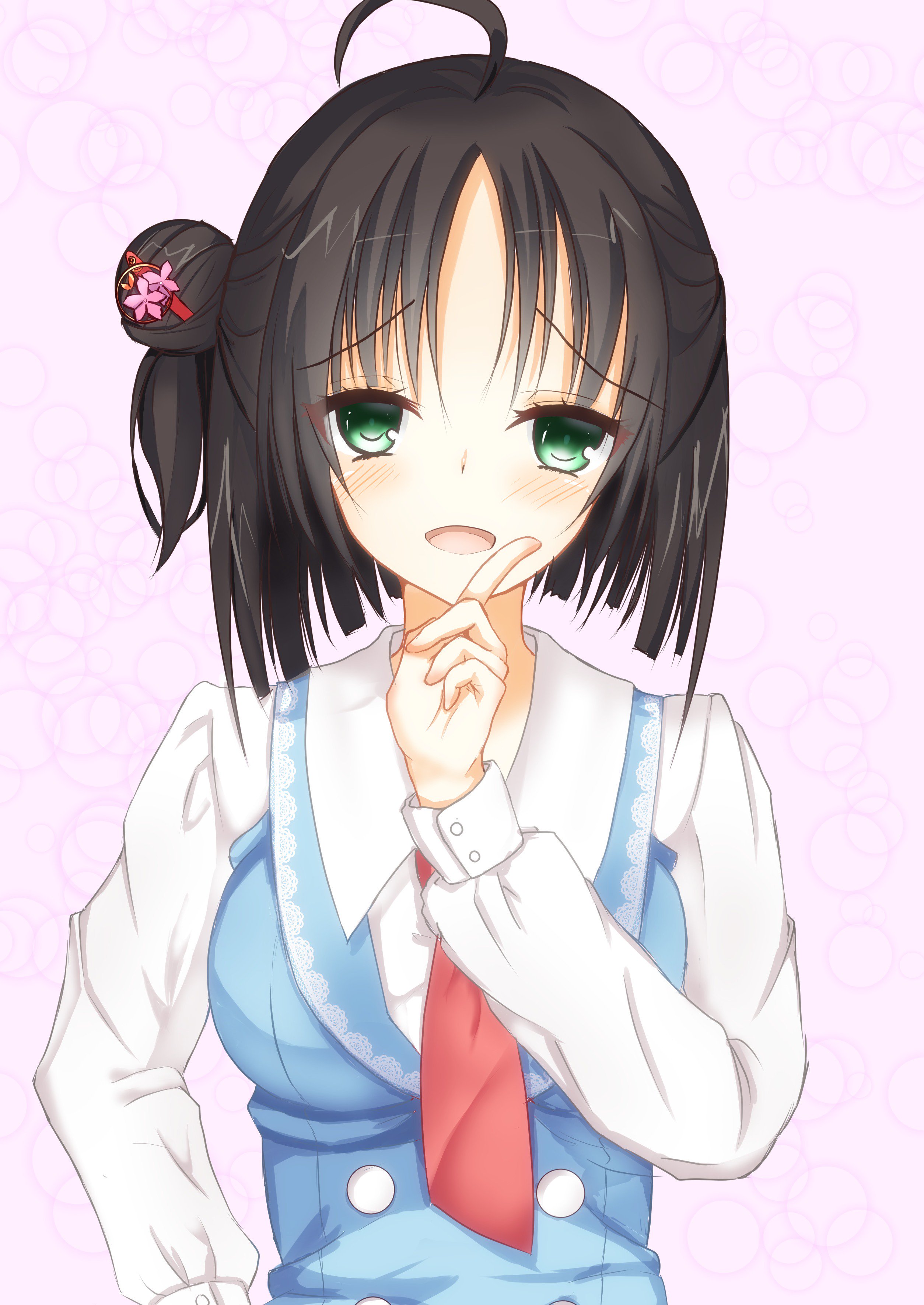 all justice, hitachi mako, senren banka, absurdres, commentary, highres, 1girl, :d, ahoge, black hair, blue vest, blunt ends, blush, breasts, buttons, casual, double-breasted, eyelashes, eyes visible through hair, furrowed brow, green eyes, hair between eyes, hair bun, hair ornament, hair stick, half updo, hand up, index finger raised, kanzashi, large breasts, long sleeves, looking at viewer, medium hair, necktie, official alternate costume, official alternate hairstyle, one side up, open mouth, parted bangs, pink background, red necktie, shirt, simple background, single side bun, smile, smug, solo, straight hair, upper body, vest, white shirt