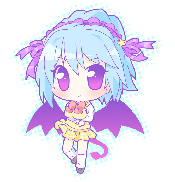 mirai (sugar), kurono kurumu, rosario+vampire, 00s, 1girl, bat wings, blue hair, bow, bowtie, chibi, demon tail, dress, female focus, full body, kneehighs, loafers, looking at viewer, looking back, purple eyes, red bow, red bowtie, shoes, simple background, socks, solo, standing, tail, white background, white socks, wings, yellow dress