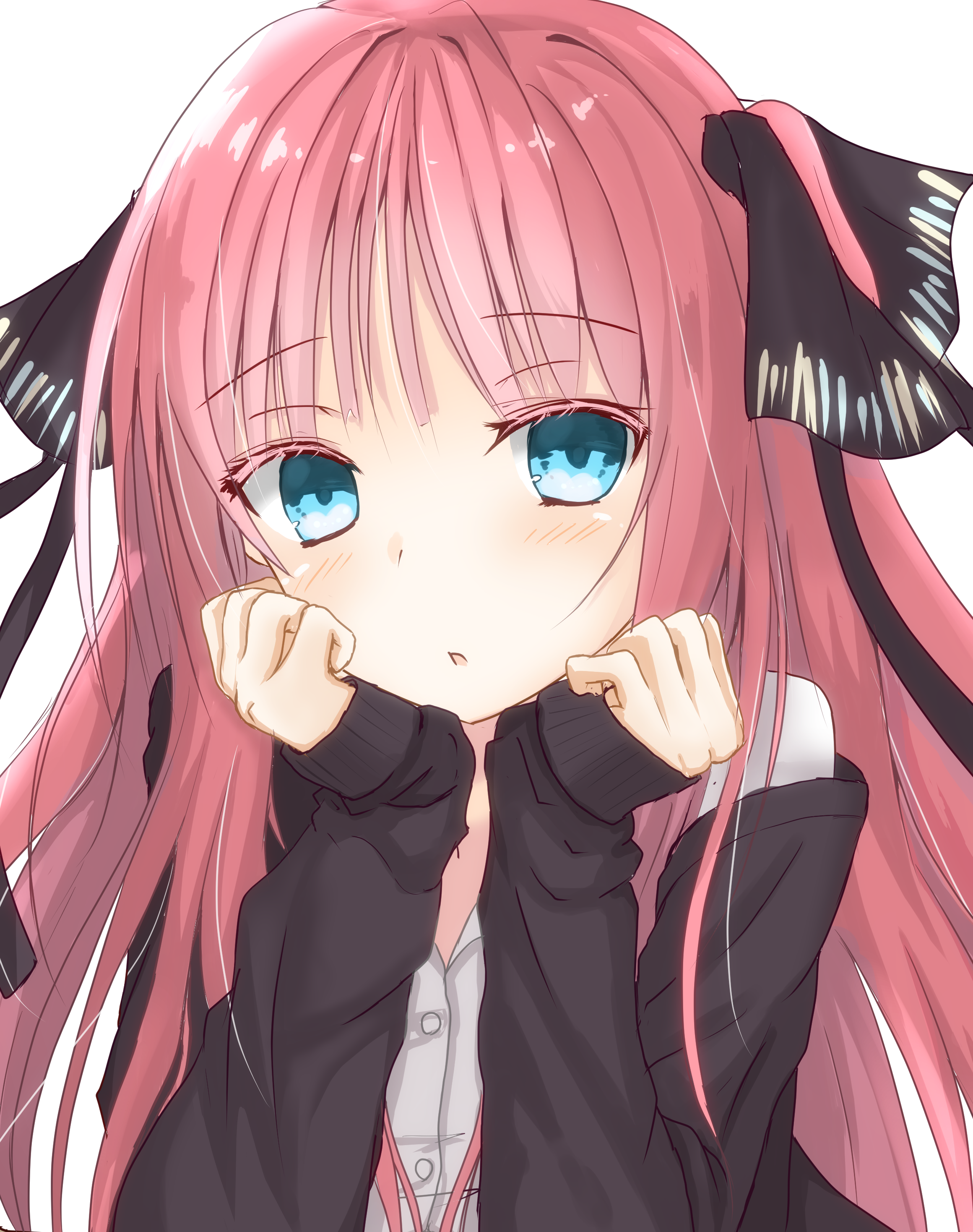 all justice, nakano nino, go-toubun no hanayome, absurdres, commentary request, highres, 1girl, black cardigan, black ribbon, blue eyes, blunt bangs, blush, cardigan, clenched hands, colored eyelashes, eyelashes, hair ribbon, hands on own cheeks, hands on own face, hands up, long hair, looking at viewer, open cardigan, open clothes, parted lips, red hair, ribbon, shirt, simple background, sleeves past wrists, solo, straight hair, two side up, upper body, very long hair, white background, white shirt