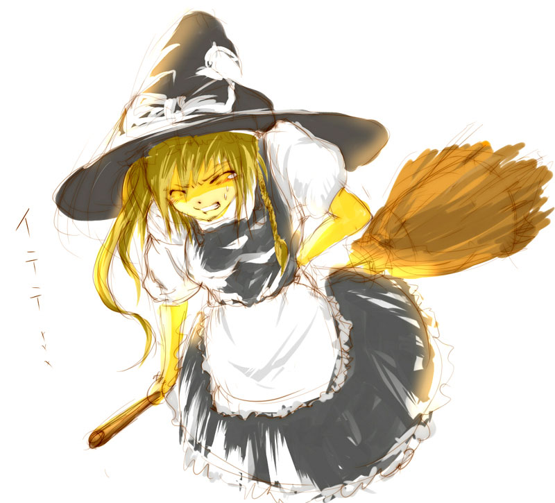 yae (mono110), kirisame marisa, touhou, 1girl, blonde hair, braid, broom, broom riding, female focus, hat, pain, solo, sweat, witch, witch hat