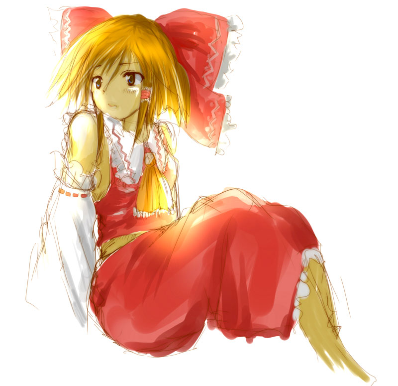 yae (mono110), hakurei reimu, imperishable night, touhou, 1girl, ascot, bare shoulders, blue eyes, bow, brown hair, detached sleeves, female focus, hair bow, hair tubes, red bow, red skirt, ribbon-trimmed sleeves, ribbon trim, sidelocks, sitting, sketch, skirt, skirt set, solo, vest