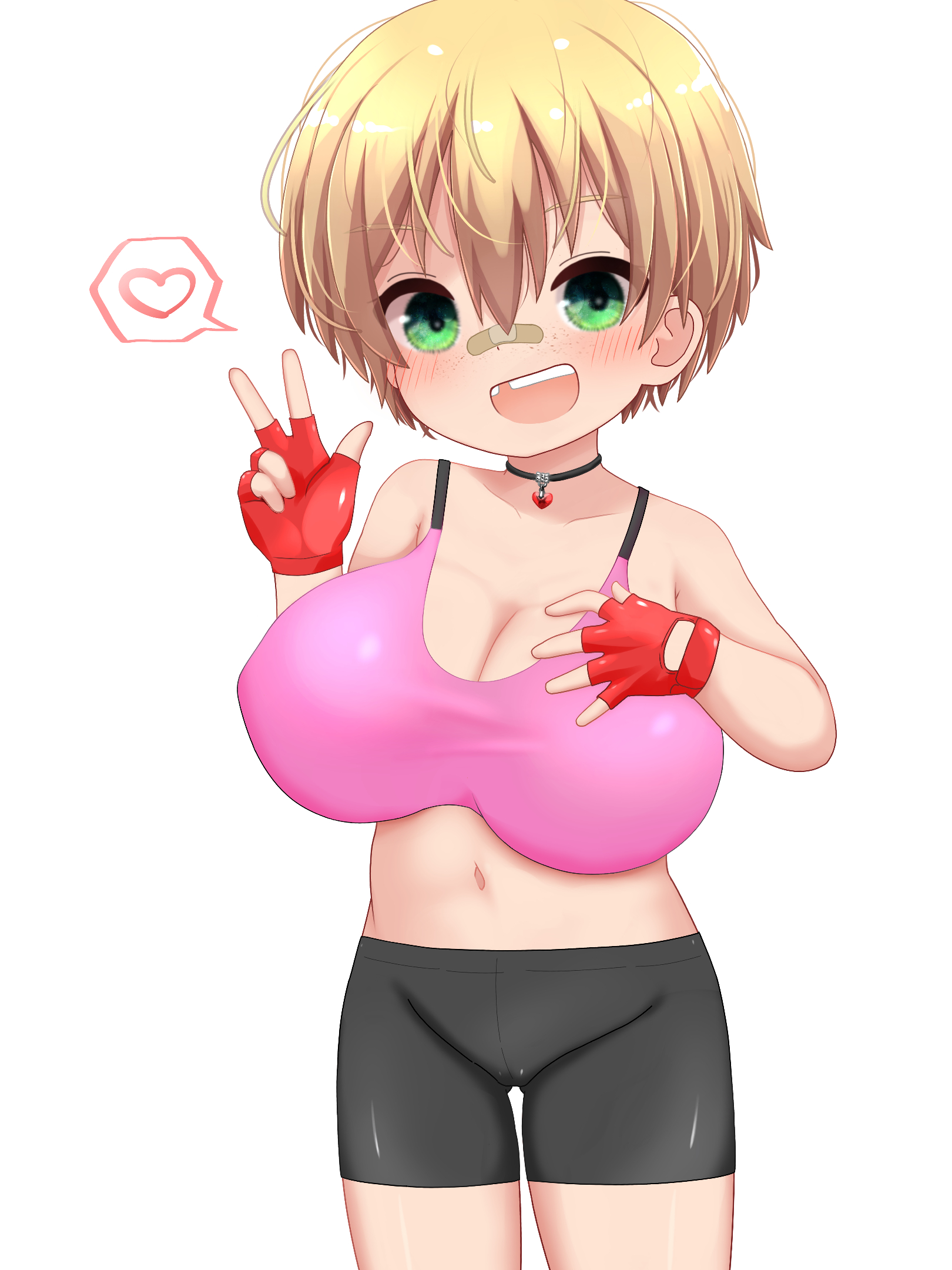 hanbun kyojaku, honey (raspberry puff), original, commentary request, commission, highres, skeb commission, 1girl, :d, bandaid, bandaid on face, bandaid on nose, bare arms, bare shoulders, bike shorts, black shorts, blonde hair, blush, borrowed character, breasts, cleavage, cowboy shot, fingerless gloves, freckles, gloves, green eyes, hair between eyes, hand on own chest, heart, heart pendant, large breasts, looking at viewer, midriff, missing tooth, navel, open mouth, oppai loli, pendant choker, pink sports bra, red gloves, short hair, shorts, smile, solo, spoken heart, sports bra, tomboy, v
