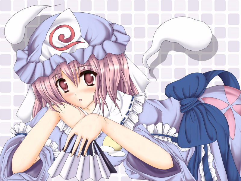 kazumi yoshizu, saigyouji yuyuko, touhou, 1girl, dress, female focus, folding fan, hand fan, hat, solo