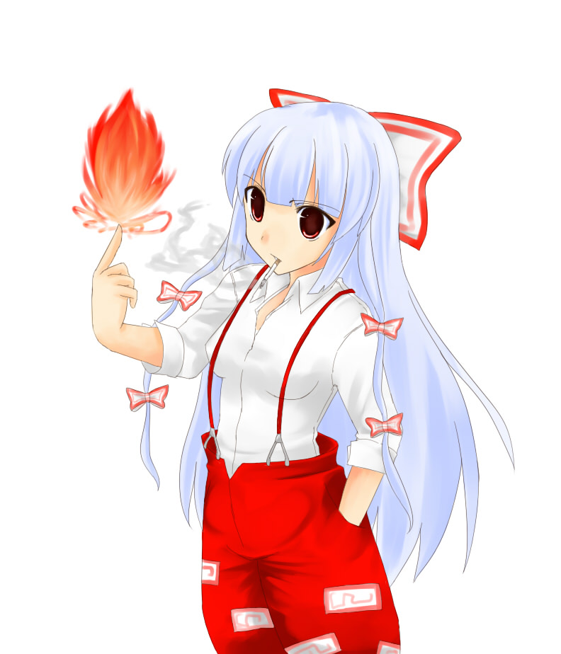 fujiwara no mokou, touhou, 1girl, cigarette, element bender, female focus, fire, hair ribbon, long hair, ribbon, simple background, smoking, solo, standing, suspenders, white background