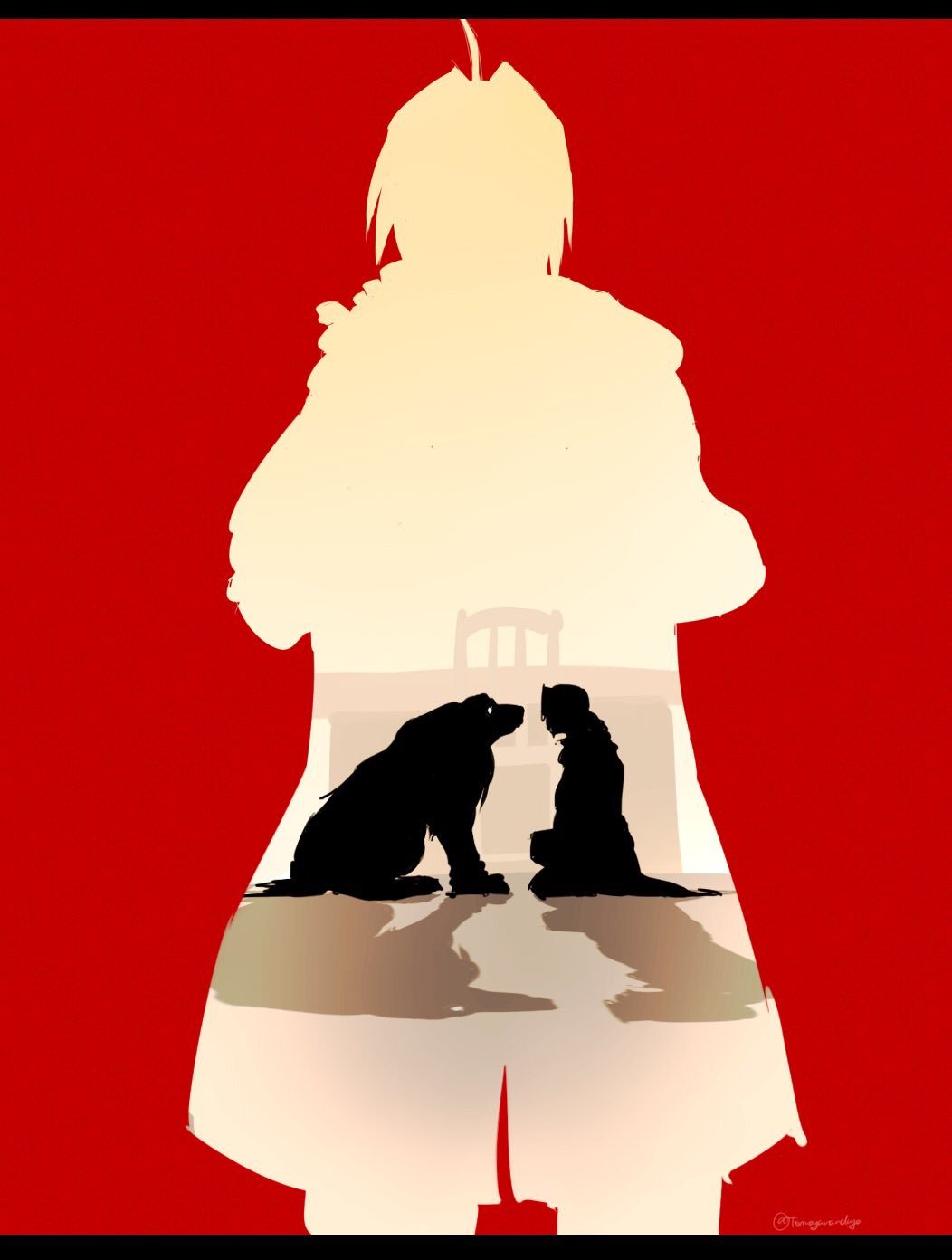 imamuu (imamoon), edward elric, nina tucker, fullmetal alchemist, commentary request, highres, 1boy, braid, braided ponytail, chair, coat, creature, hair intakes, profile, red background, shadow, simple background, tears, twitter username