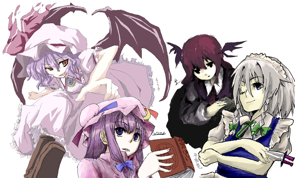 hong meiling, izayoi sakuya, koakuma, patchouli knowledge, remilia scarlet, embodiment of scarlet devil, touhou, 4girls, bat wings, book, female focus, hat, head wings, knife, maid, multiple girls, throwing knife, weapon, white background, wings