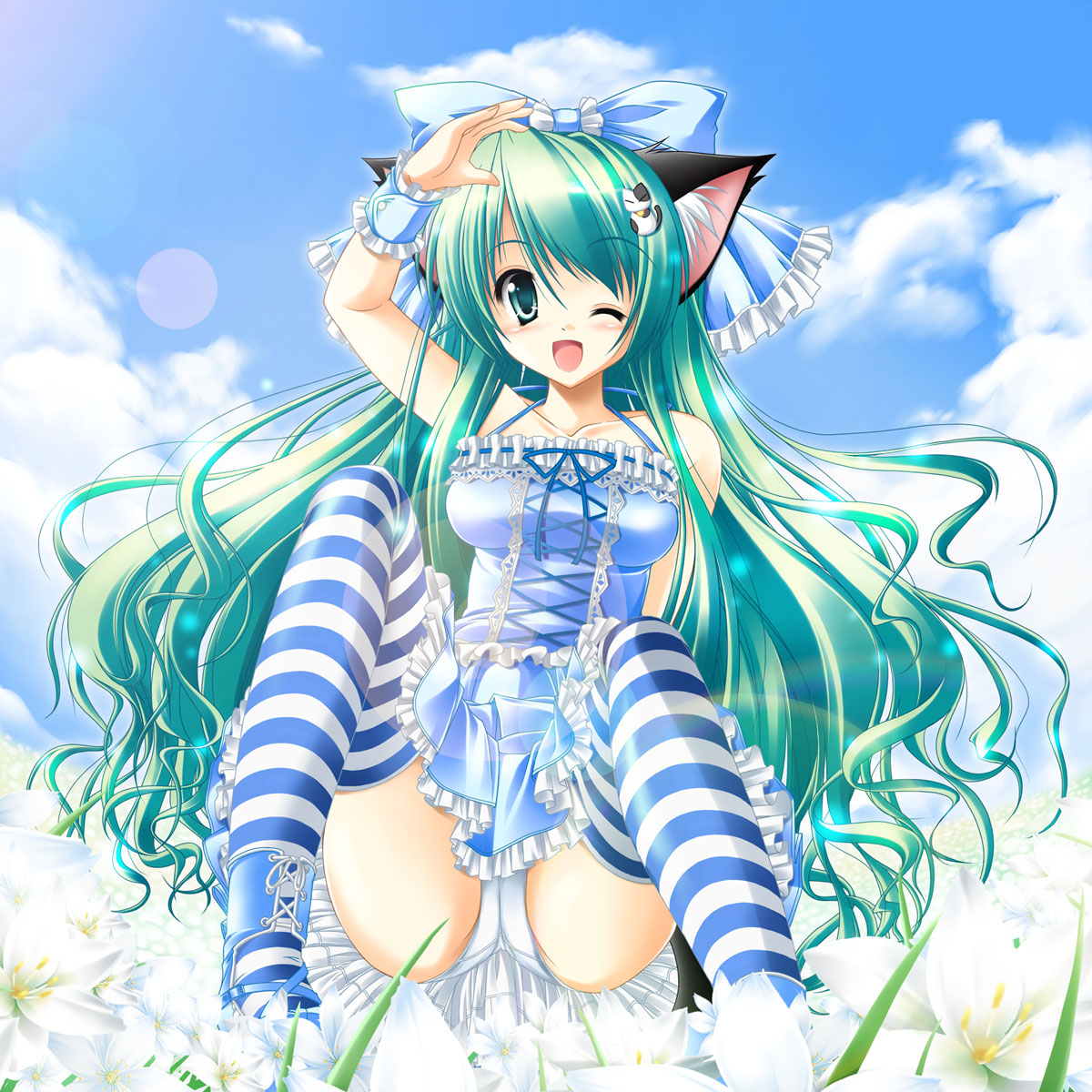 kamiya tomoe, original, highres, 1girl, animal ears, bow, cat ears, cat hair ornament, cloud, day, dress, female focus, flower, frills, green eyes, green hair, hair bow, hair ornament, long hair, matching hair/eyes, one eye closed, open mouth, panties, pantyshot, ribbon, sitting, sky, solo, spread legs, striped clothes, striped thighhighs, thighhighs, underwear, upskirt, white panties, wink, wrist cuffs