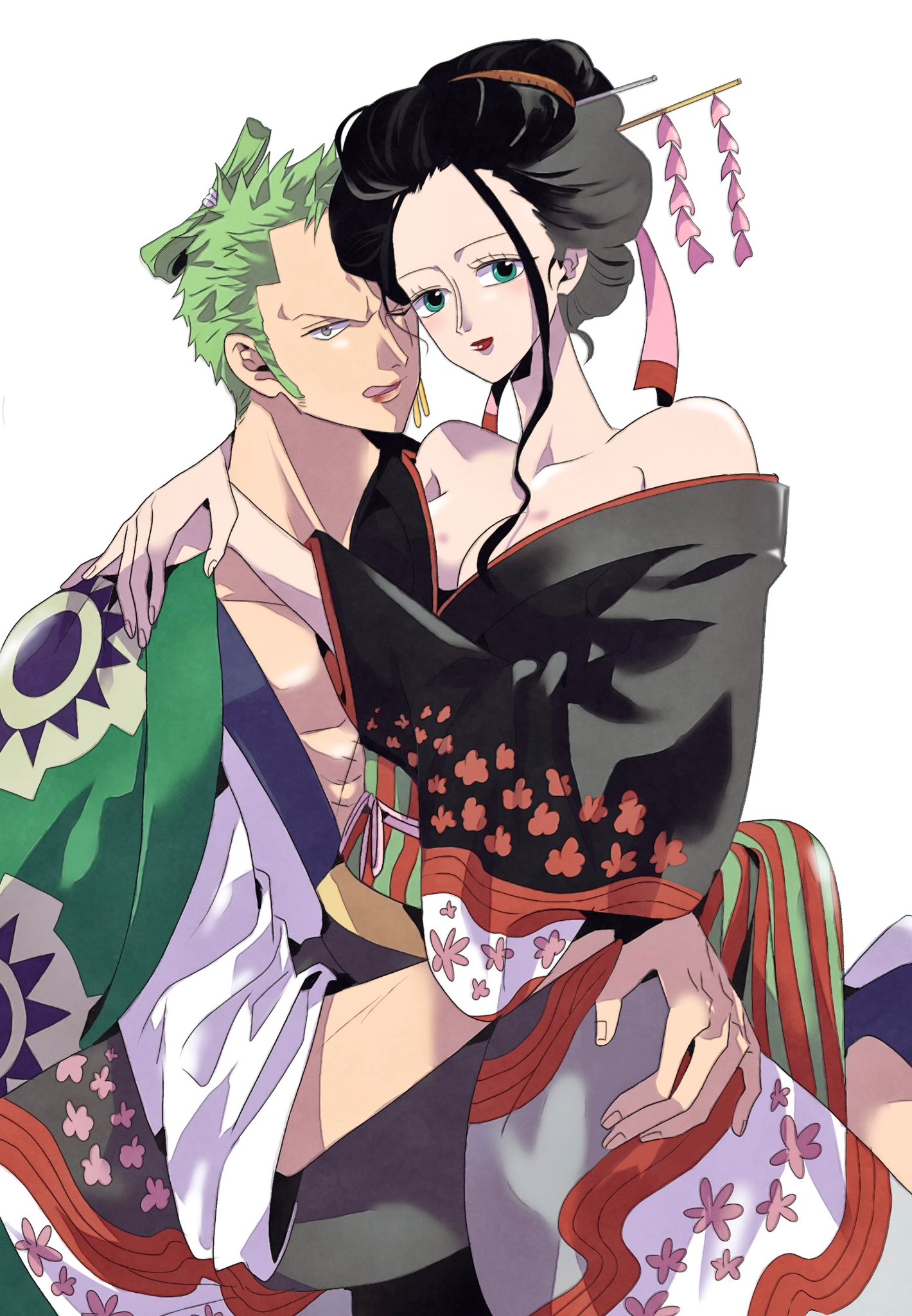 may snmk, nico robin, nico robin (wano), roronoa zoro, one piece, bad id, bad twitter id, highres, 1boy, 1girl, bare shoulders, black hair, black kimono, blue eyes, breasts, chonmage, cleavage, earrings, floral print, floral print kimono, green hair, hair ornament, hug, japanese clothes, jewelry, kanzashi, kimono, lipstick mark, looking at viewer, obi, official alternate costume, official alternate hairstyle, one eye closed, print kimono, red lips, sash, sideburns, simple background, single sidelock, sitting, sitting on lap, sitting on person, stitched torso, stitches, topknot, v-shaped eyebrows, white background, wide sleeves