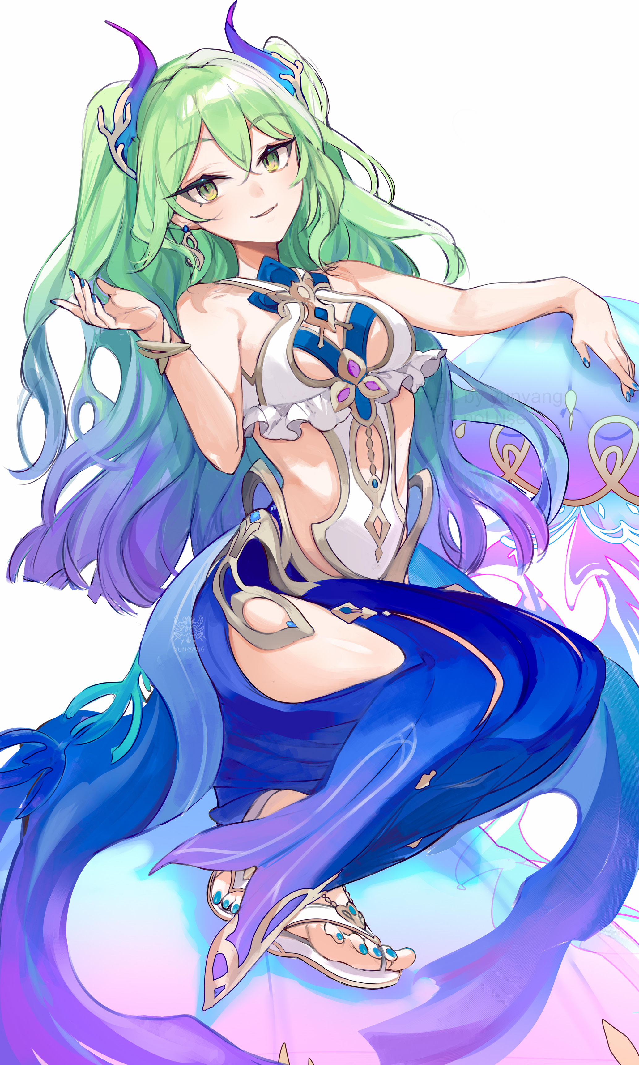 yun-yang, mobius (daughter of corals) (honkai impact), mobius (honkai impact), honkai (series), honkai impact 3rd, absurdres, commentary, english commentary, highres, 1girl, bare shoulders, blue horns, breasts, fake horns, horns, long hair, looking at viewer, mermaid costume, nail polish, official alternate costume, official alternate hairstyle, sandals, simple background, slit pupils, small breasts, solo, toenail polish, toenails, toes, twitter username, very long hair, white background
