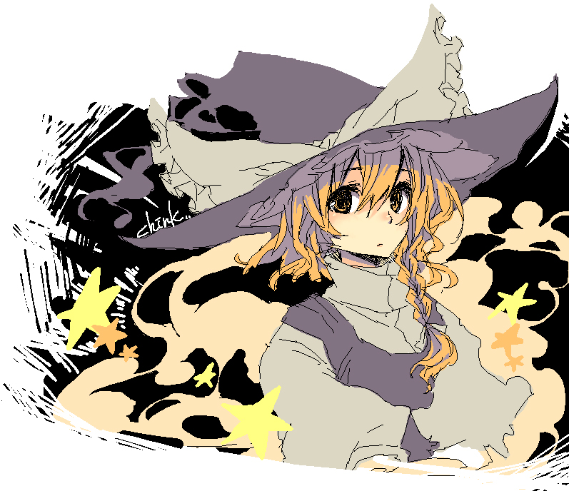 k (li), kirisame marisa, touhou, 1girl, blonde hair, braid, female focus, hat, looking at viewer, oekaki, orange eyes, orange hair, solo, star (symbol), witch hat