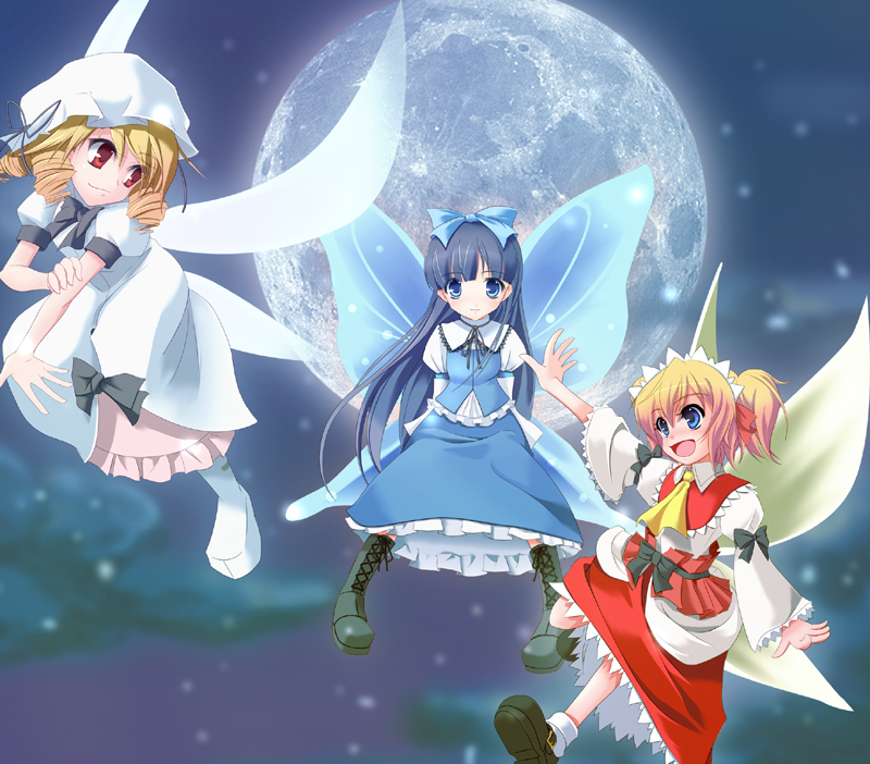 wapokichi, luna child, star sapphire, sunny milk, perfect memento in strict sense, touhou, 3girls, :d, blonde hair, blue dress, blue hair, dress, fairy, fairy wings, female focus, flying, frills, full body, full moon, hat, looking at viewer, looking back, mob cap, moon, multiple girls, open mouth, puffy short sleeves, puffy sleeves, red dress, short sleeves, side ponytail, smile, white dress, wings