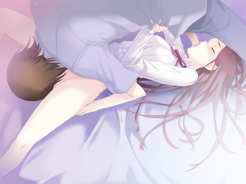 haimura kiyotaka, kagami kouhei, kirimiya mizuki, yume miru kusuri, game cg, 1boy, 1girl, 69, bed sheet, blush, bottomless, brown hair, closed eyes, cum, cunnilingus, fellatio, hetero, long hair, oral, penis, purple hair, uncensored
