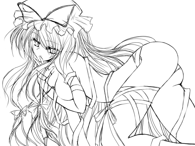 yakumo yukari, touhou, 1girl, breasts, female focus, greyscale, monochrome, nude, ribbon, sketch, solo, white background