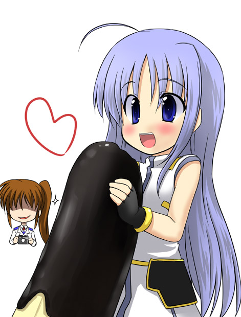 kazami ruku, reinforce zwei, takamachi nanoha, lyrical nanoha, mahou shoujo lyrical nanoha, mahou shoujo lyrical nanoha strikers, 00s, 2girls, banana, blush, camera, chocolate-covered food, chocolate banana, dildo, food, fruit, multiple girls, sex toy