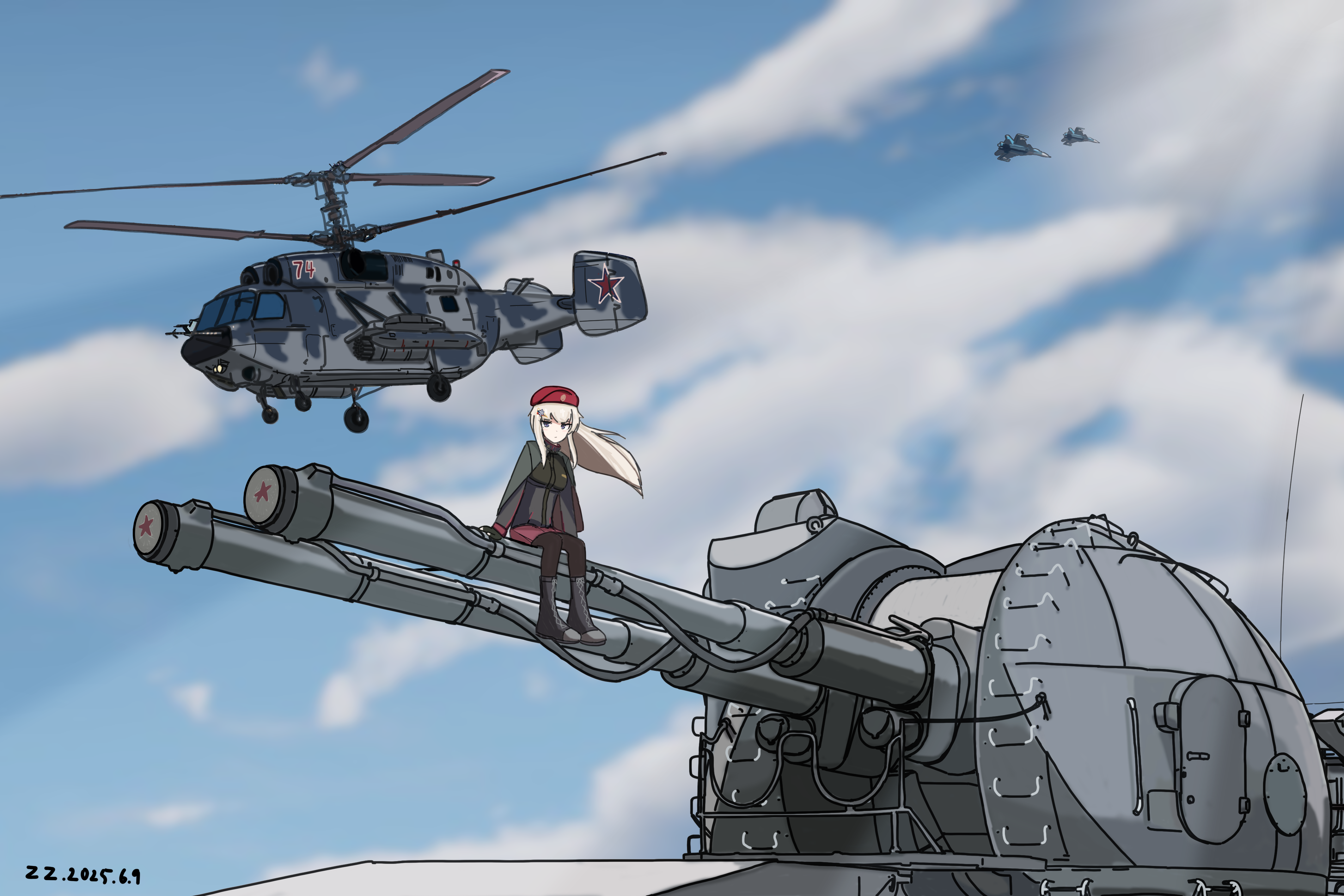 user sgex8545, ak74m (girls' frontline), girls' frontline, chinese commentary, highres, 1girl, aircraft, airplane, ak-130, beret, black boots, black capelet, black jacket, black pantyhose, blonde hair, boots, capelet, coaxial rotors, fighter jet, hat, helicopter, jacket, kamov ka-27, lace-up boots, long hair, military vehicle, miniskirt, naval artillery, pantyhose, red hat, red skirt, red star, russian navy, skirt, star (symbol)