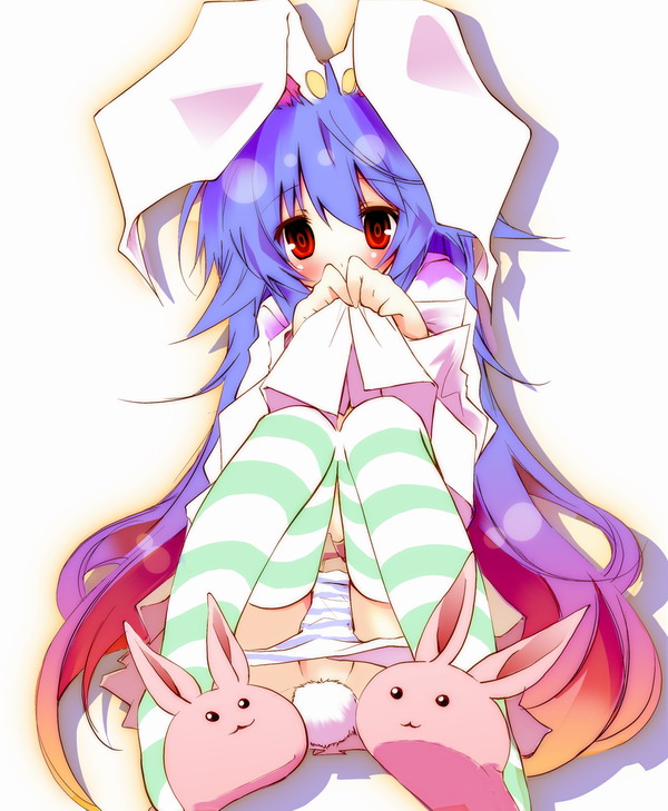 kamiya yuu, pixel phantom, reisen udongein inaba, touhou, 1girl, animal ears, female focus, gradient hair, long hair, multicolored hair, panties, panty pull, pantyshot, partially visible vulva, purple hair, rabbit ears, rabbit girl, rabbit tail, red eyes, slippers, solo, striped clothes, striped panties, striped thighhighs, tail, thighhighs, underwear, very long hair