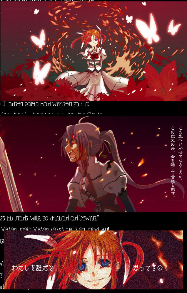 cosmic (crownclowncosmic), laevatein (nanoha), signum, takamachi nanoha, takamachi nanoha (sacred mode), lyrical nanoha, mahou shoujo lyrical nanoha, mahou shoujo lyrical nanoha a's, uniform, bad id, bad pixiv id, translated, 00s, 2girls, animal, arms behind back, bow, bowtie, bug, butterfly, capelet, closed mouth, comic, dress, insect, jacket, long sleeves, looking at viewer, magical girl, multiple girls, open clothes, open jacket, pink hair, ponytail, purple eyes, red bow, red bowtie, red hair, smile, sword, twintails, upper body, waist cape, weapon, white devil, white dress
