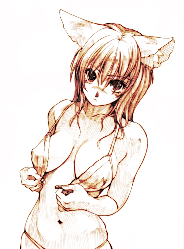 hisahiko, character request, source request, 1girl, animal ears, bra, breasts, cat ears, cat girl, female focus, large breasts, lingerie, monochrome, solo, underwear, undressing