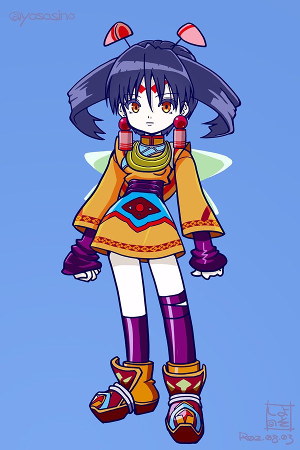 yososhi, tio (grandia), grandia, grandia ii, 1girl, antennae, blue hair, closed mouth, dated, dress, earrings, facial mark, full body, jewelry, long hair, long sleeves, looking at viewer, pale skin, simple background, skirt, solo, wings, yellow eyes