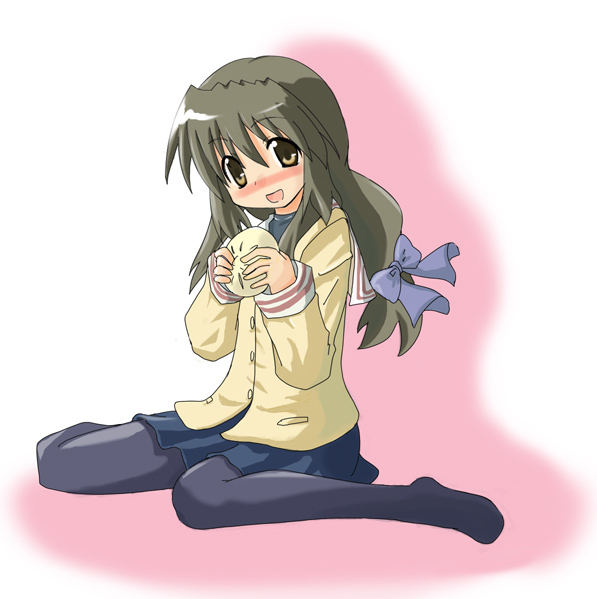 hottan!, ibuki fuuko, clannad, 00s, food, long hair, pantyhose, school uniform, serafuku, solo, steamed bun