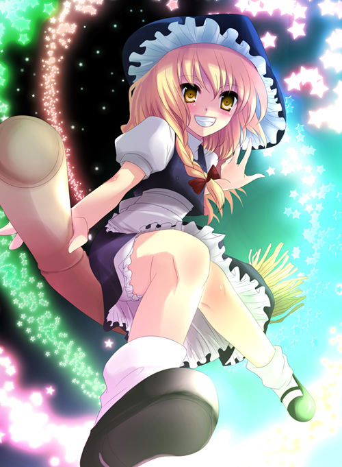 yukizuki chikuba, kirisame marisa, touhou, 1girl, blonde hair, bloomers, blush, body blush, broom, broom riding, female focus, foreshortening, from below, grin, hat, petticoat, sidesaddle, smile, solo, star (symbol), underwear, witch hat, yellow eyes
