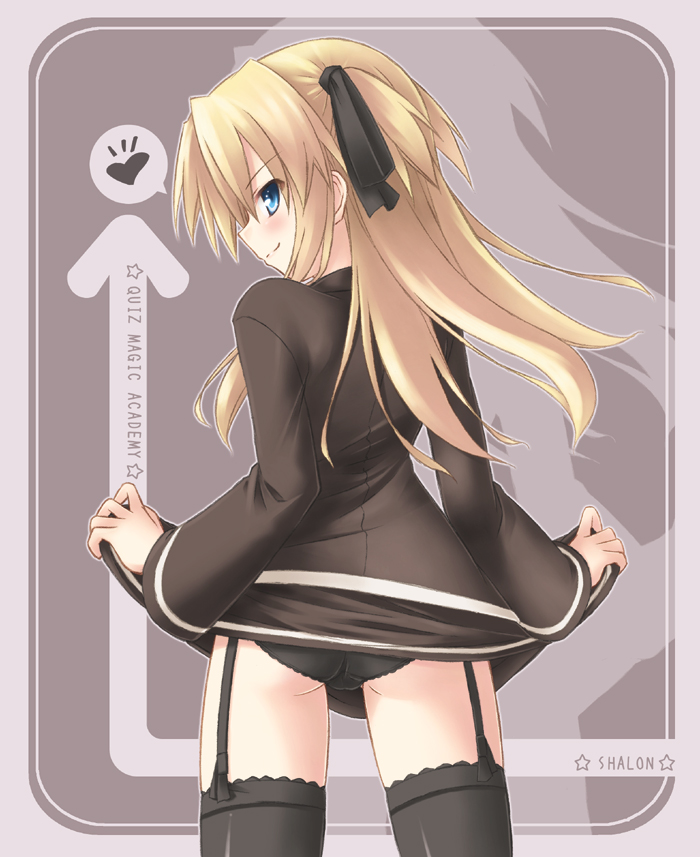 ryo (botugo), shalon, quiz magic academy, 1girl, black panties, clothes lift, female focus, panties, skirt, skirt lift, solo, underwear